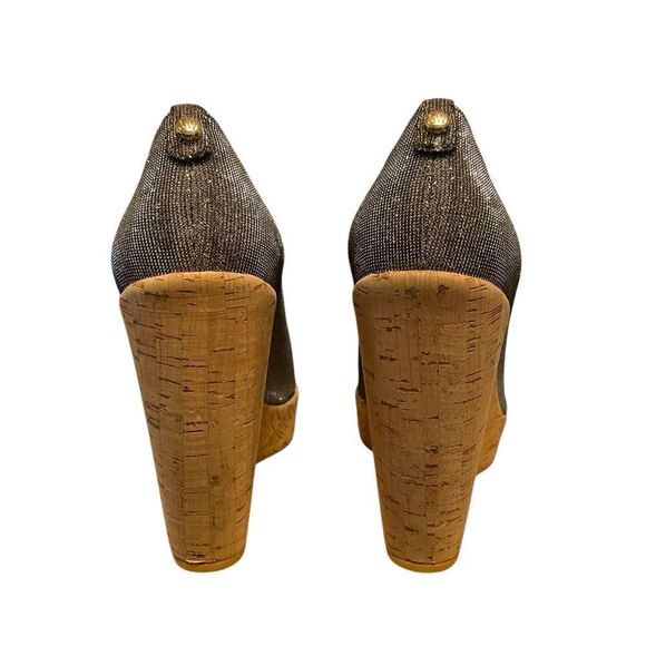 Stuart Weitzman Silver/Gold Glitter Lurex Fabric Cork Wedge Platform Pumps 10 - Picture 3 of 6